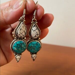 Sterling Silver 925 Turquoise and White large Dangle Earrings Vintage